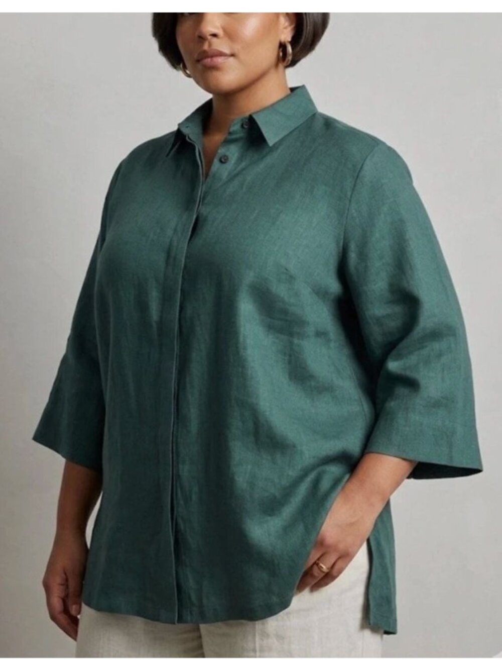 NWT Marina Rinaldi Green Linen Button Down Tunic Shirt Size US 22 $295 [jb]